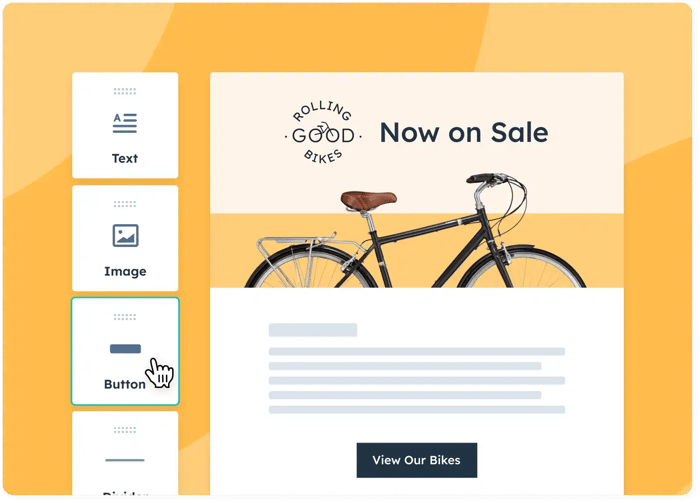 HubSpot simplified user interface showing a user creating an email message and adding a CTA button with the drag-and-drop editor